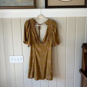 Free People Olive Green Mini Dress Pink Floral Print, Deep V Open Back, Size 6